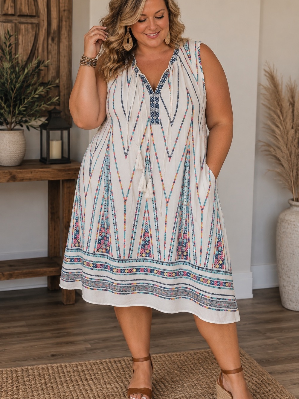 Ivory Embroidered V-Neck Sleeveless Coverup Dress